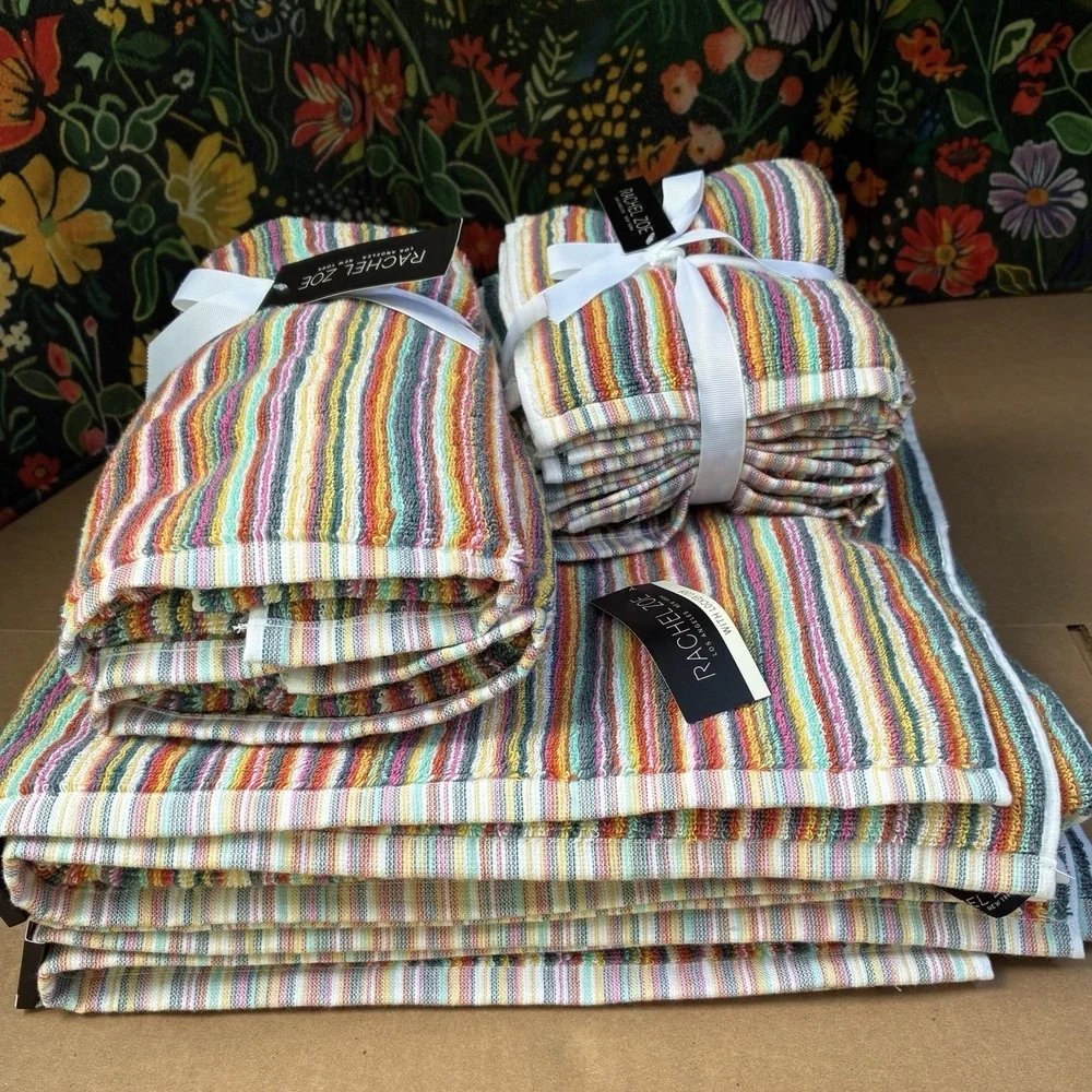 Rachel Zoe 9 piece Striped Rainbow Towel Set 2 Bath, 2 Hand, 5 Washcloth NEW